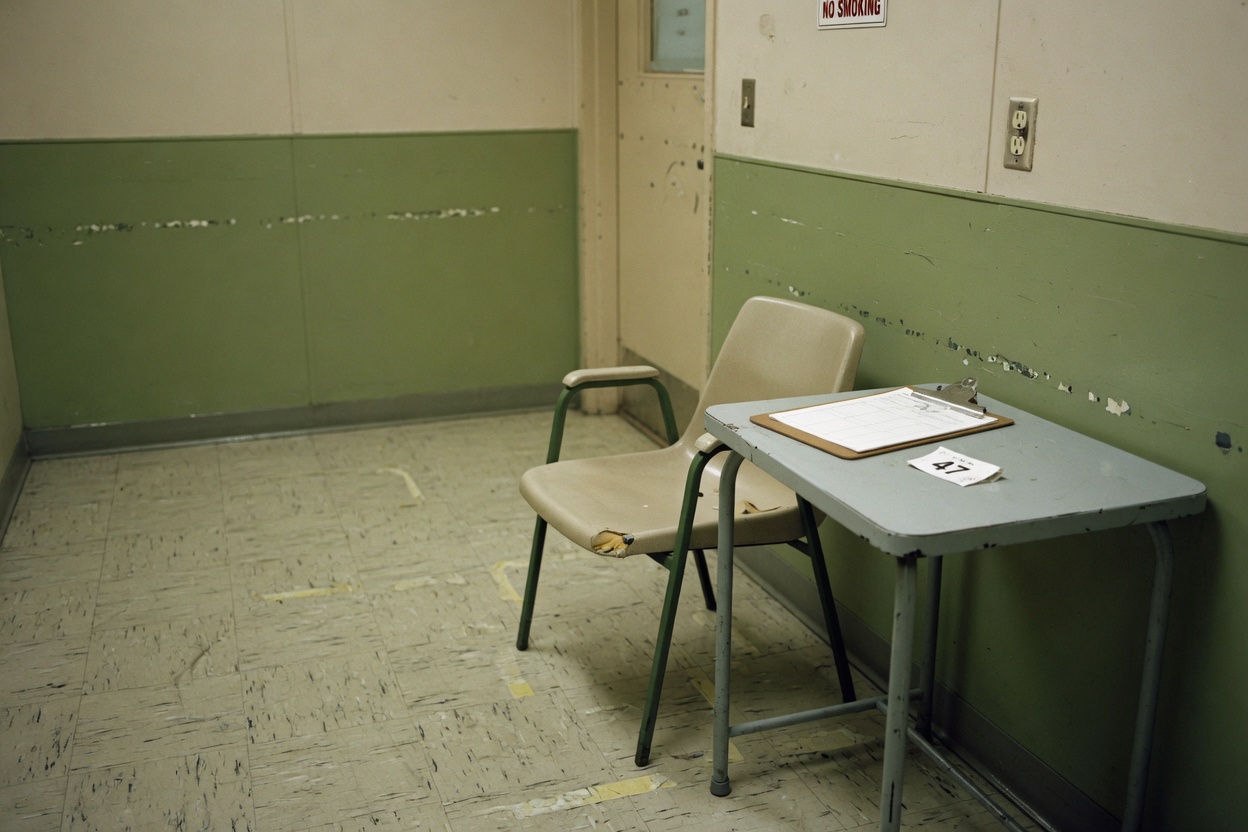An empty beige waiting-room chair beside a gray table with a clipboard and a paper ticket numbered 47, in a room with peeling olive wainscoting.