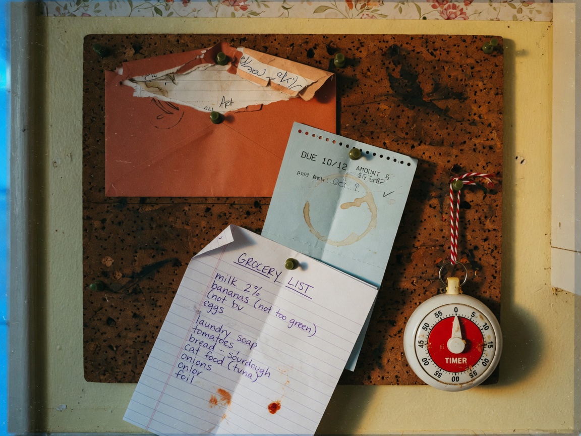 A kitchen cork board pinned with a torn rust envelope, a water-bill stub with a coffee ring, a grocery list, and a small red-faced analog timer hanging from baker’s twine.