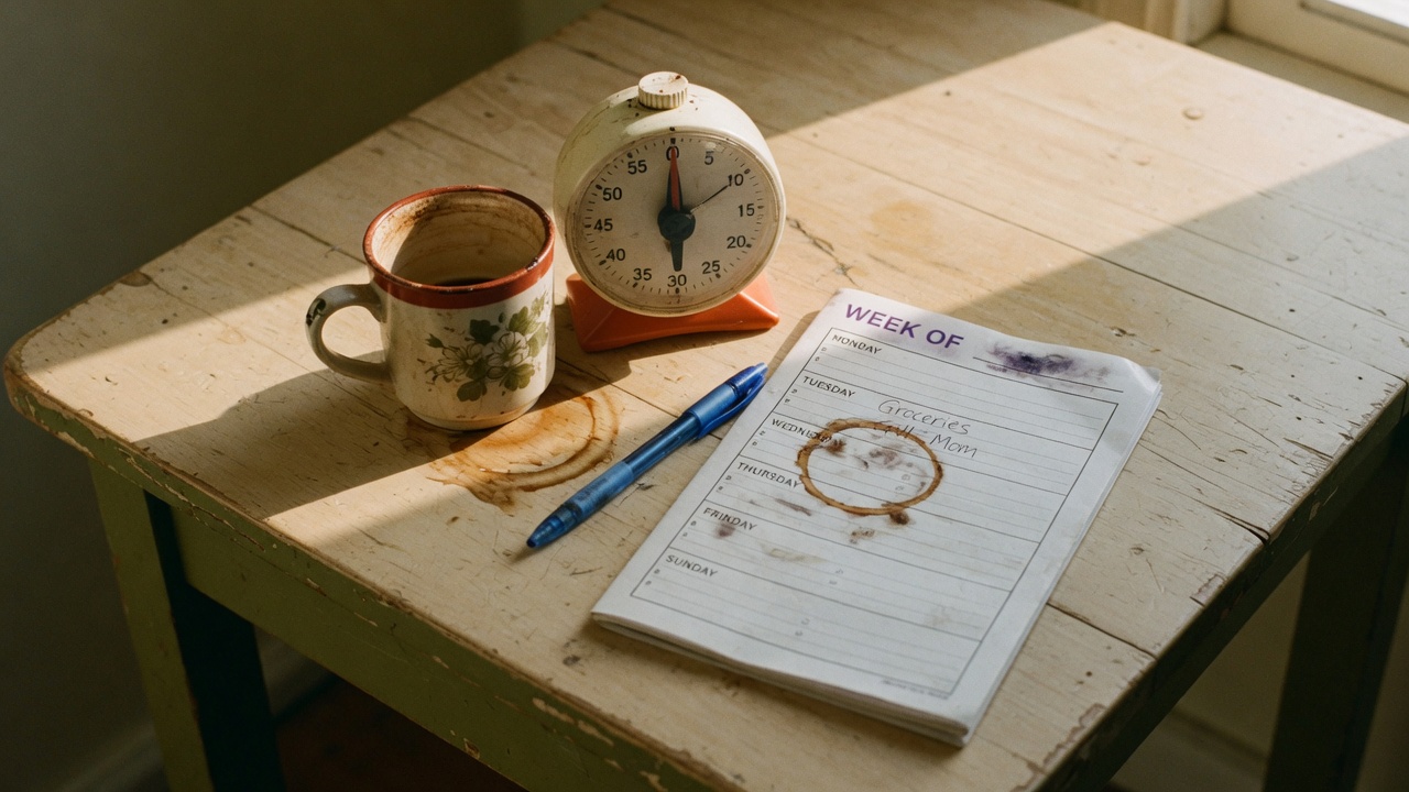 A worn kitchen table in afternoon light with a mechanical timer, a coffee mug, a blue pen, and a weekly planner marked by a coffee ring.
