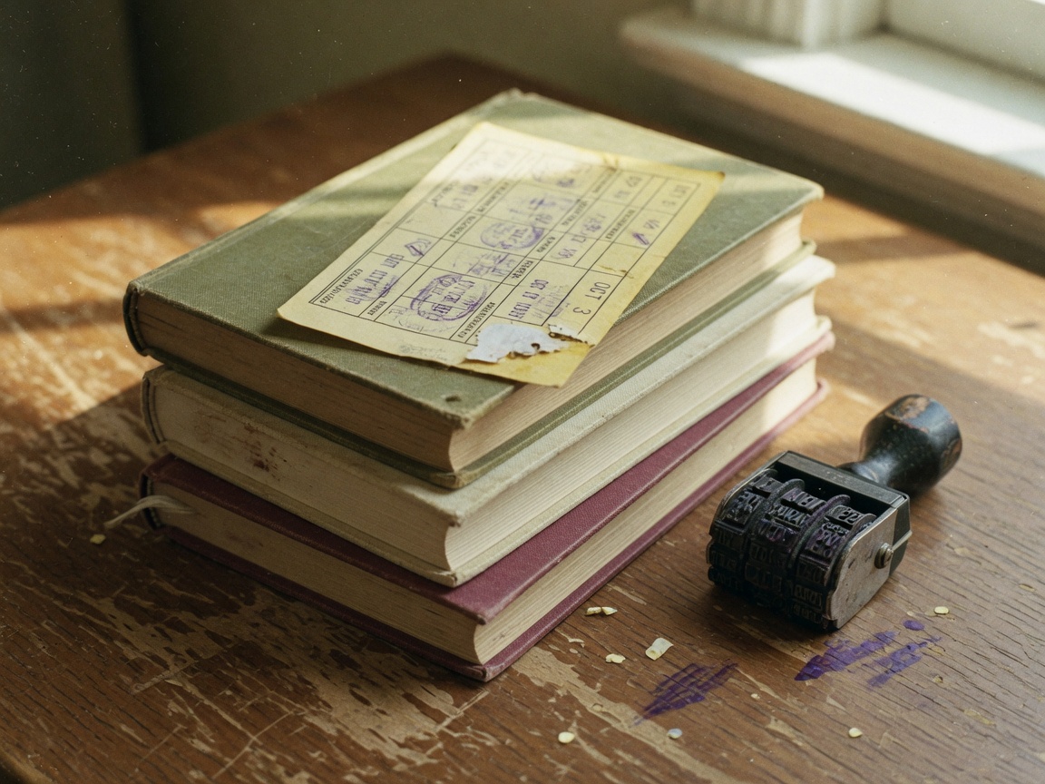 A stack of worn hardcover books on a wooden table with a yellowed due-date card on top and a rubber date stamp lying beside a purple ink mark.