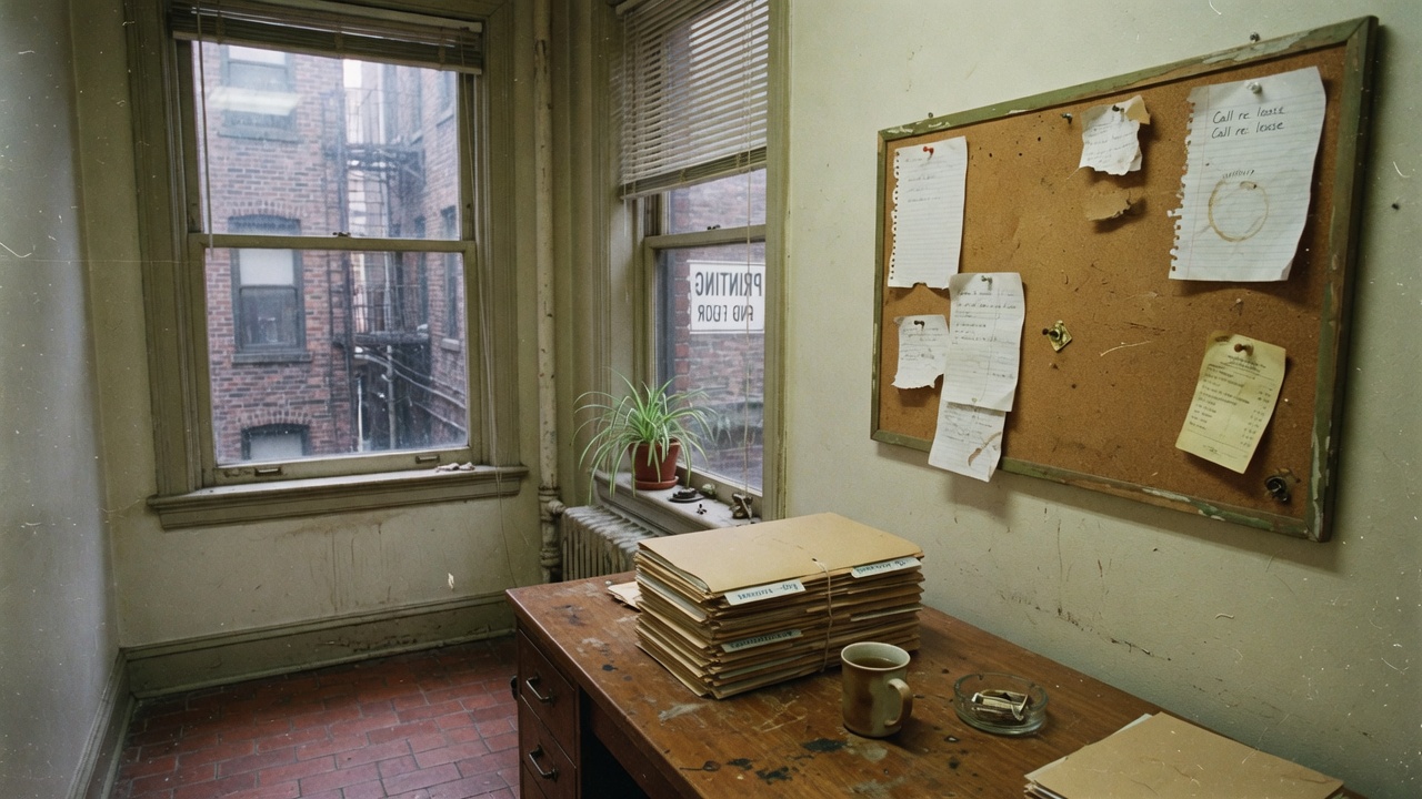 A small rented office with two sash windows onto a brick building, a spider plant on the radiator, a scuffed wooden desk stacked with manila folders, and a cork board of paper notes.
