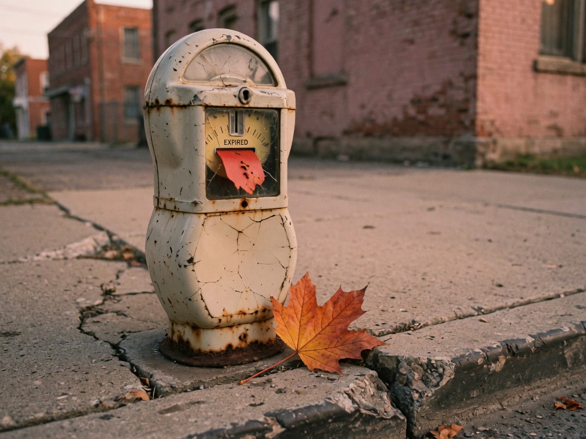 A rusted cream parking meter on a cracked curb with the red expired flag showing and a maple leaf against the base.