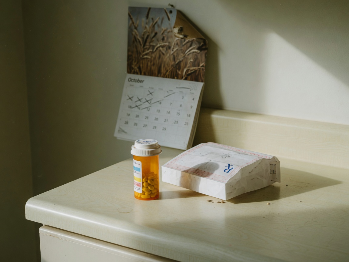 An amber pill bottle and a folded pharmacy bag on a laminate counter in front of a wall calendar with several dates crossed out.